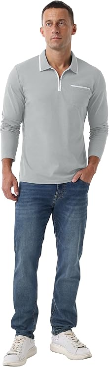 Askdeer Men's Polo Shirts Zip Long Sleeve Gray T-Shirt - Image 2