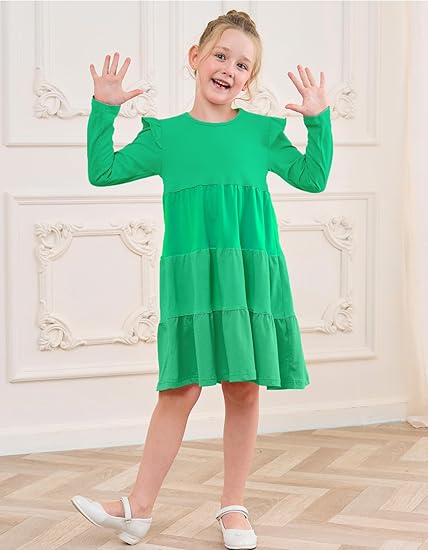 Girl's Dresses Cotton Ruffle Sleeve (Green) - Image 3
