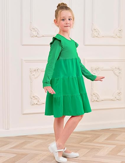 Girl's Dresses Cotton Ruffle Sleeve (Green) - Image 4