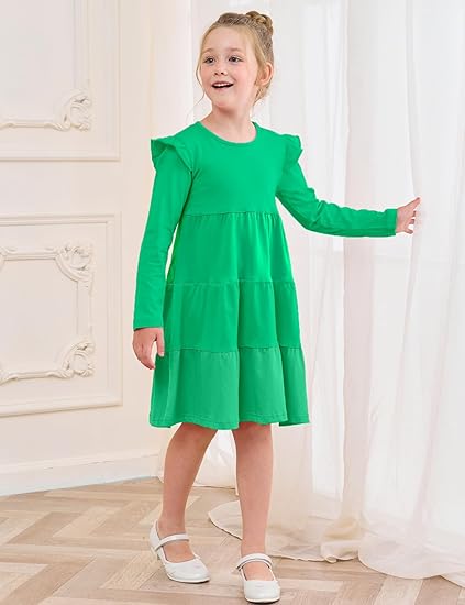 Girl's Dresses Cotton Ruffle Sleeve (Green) - Image 5