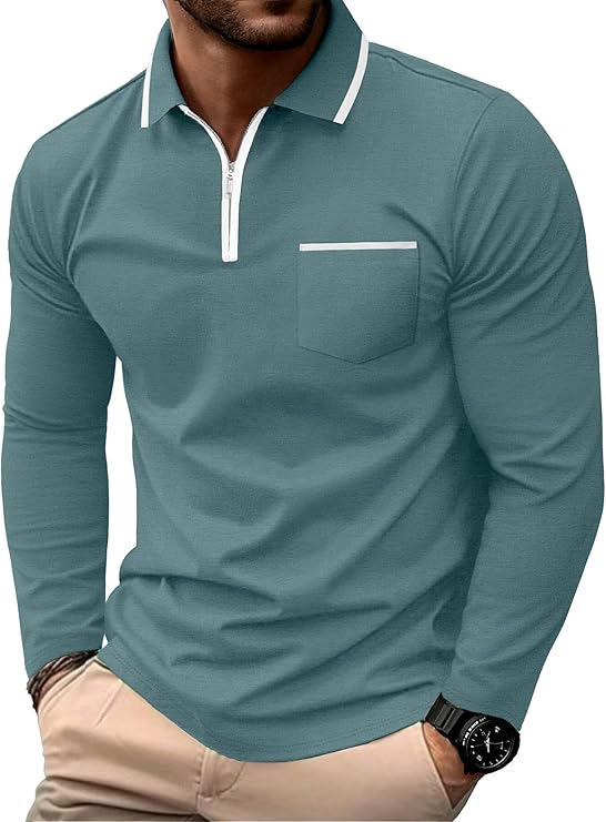 Askdeer Men's Polo Shirts Zip Long Sleeve Gray Teal Classic T-Shirt