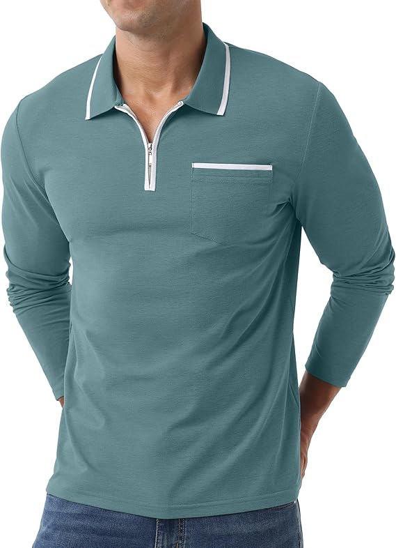 Askdeer Men's Polo Shirts Zip Long Sleeve Gray Teal Classic T-Shirt - Image 4
