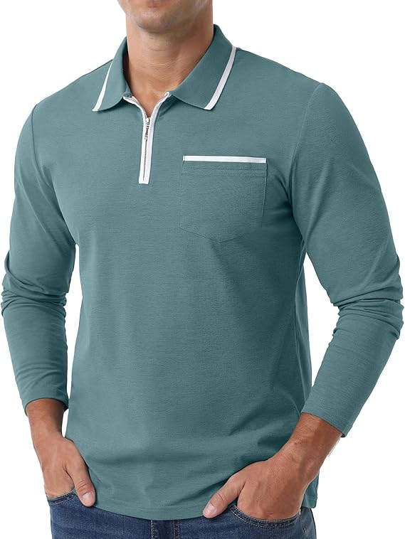 Askdeer Men's Polo Shirts Zip Long Sleeve Gray Teal Classic T-Shirt - Image 3