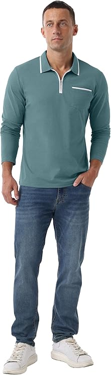 Askdeer Men's Polo Shirts Zip Long Sleeve Gray Teal Classic T-Shirt - Image 2