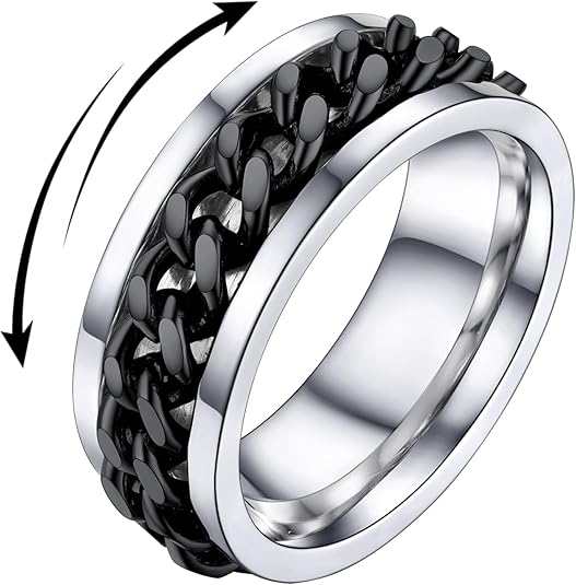 U7 Stainless Steel Mens Inlaid Chain Ring-Black Ring