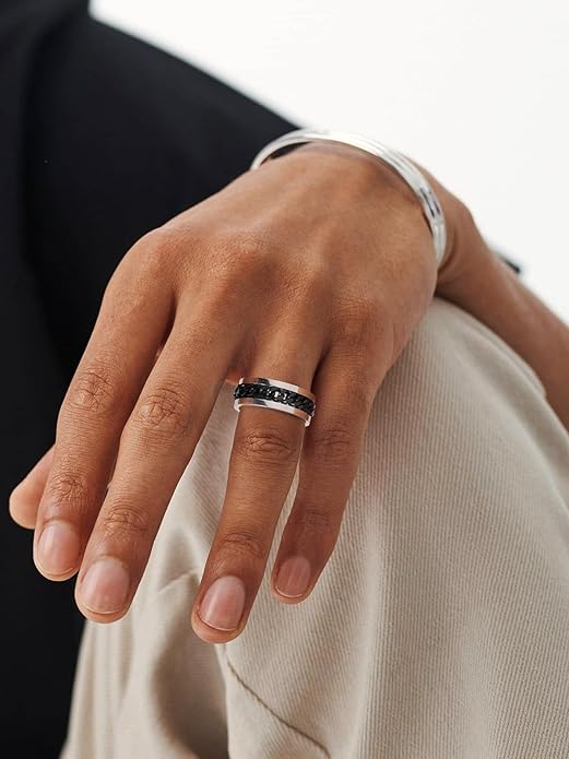 U7 Stainless Steel Mens Inlaid Chain Ring-Black Ring - Image 2