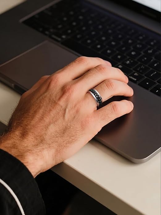 U7 Stainless Steel Mens Inlaid Chain Ring-Black Ring - Image 3