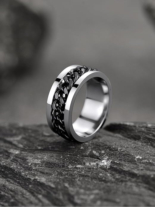 U7 Stainless Steel Mens Inlaid Chain Ring-Black Ring - Image 4