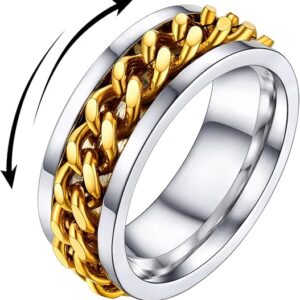 U7 Stainless Steel Mens Inlaid Link Ring-Gold Ring