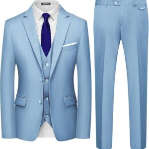 WULFUL Men's 3 Piece Slim Fit Suit Set Two Button Celery Light Blue Blazer