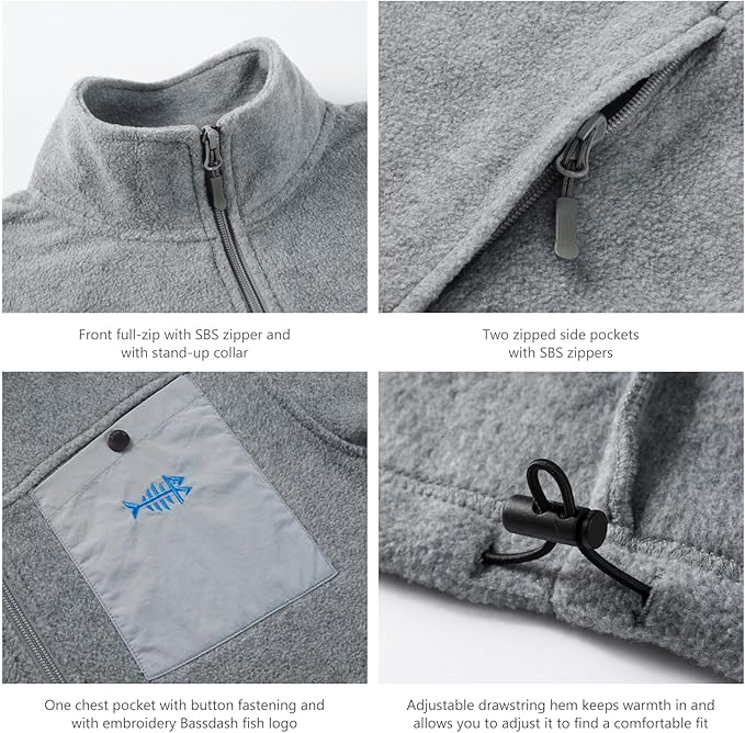 BASSDASH AllDay Men’s Full Zip Fleece Light Heather Grey Jacket - Image 3