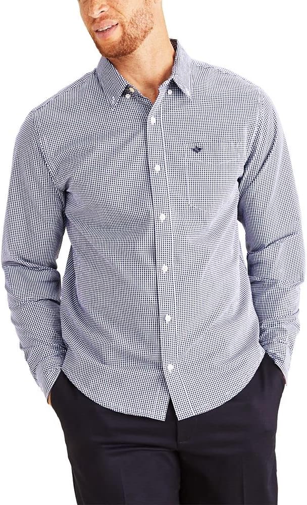 Dockers Men's Supreme Medieval Blue Plaid Flex Long Sleeve Button Up Shirt