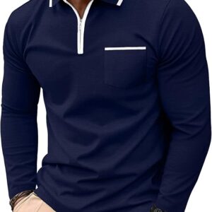 Askdeer Men's Polo Shirts Zip Long Sleeve Navy Blue T-Shirt
