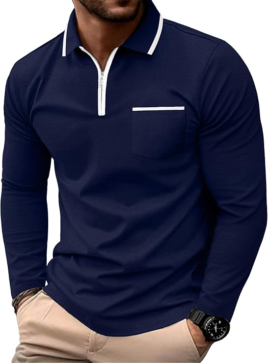 Askdeer Men's Polo Shirts Zip Long Sleeve Navy Blue T-Shirt
