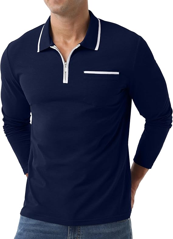 Askdeer Men's Polo Shirts Zip Long Sleeve Navy Blue T-Shirt - Image 4