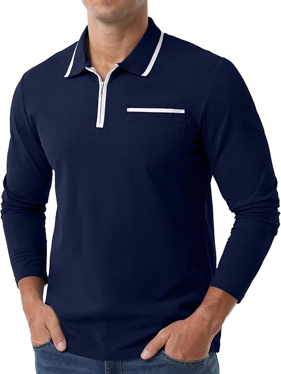 Askdeer Men's Polo Shirts Zip Long Sleeve Navy Blue T-Shirt - Image 3