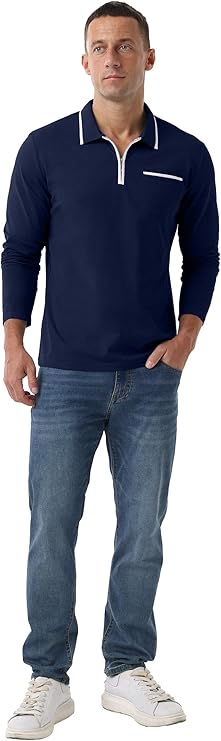 Askdeer Men's Polo Shirts Zip Long Sleeve Navy Blue T-Shirt - Image 2