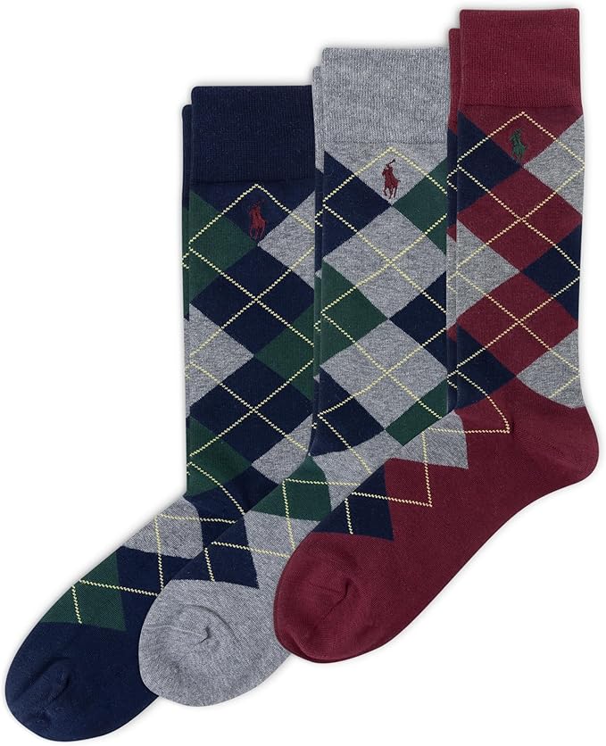 POLO RALPH LAUREN mens New Wine Argyle Pattern Dress Crew Socks 3 Pairs