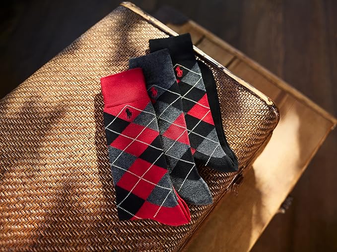 POLO RALPH LAUREN mens New Wine Argyle Pattern Dress Crew Socks 3 Pairs - Image 3