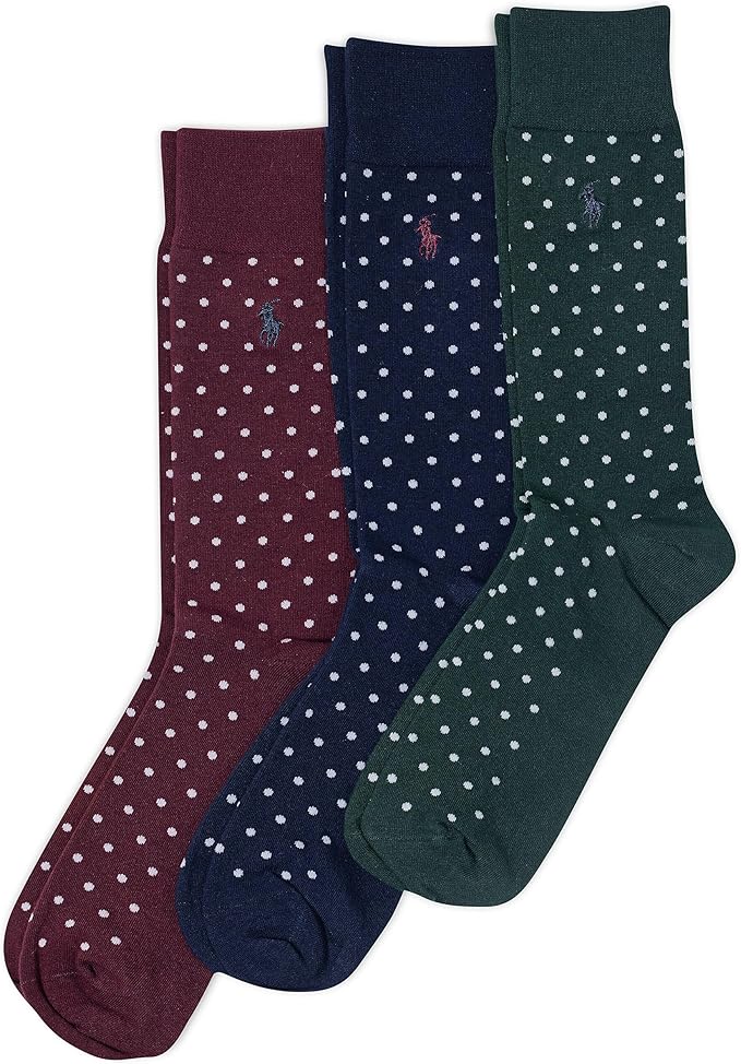 POLO RALPH LAUREN mens Pin Dot Wine Argyle Pattern Dress Crew Socks 3 Pairs