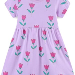 Bumeex Toddler Girls Summer Short Sleeve Dresses(Purple Flower)