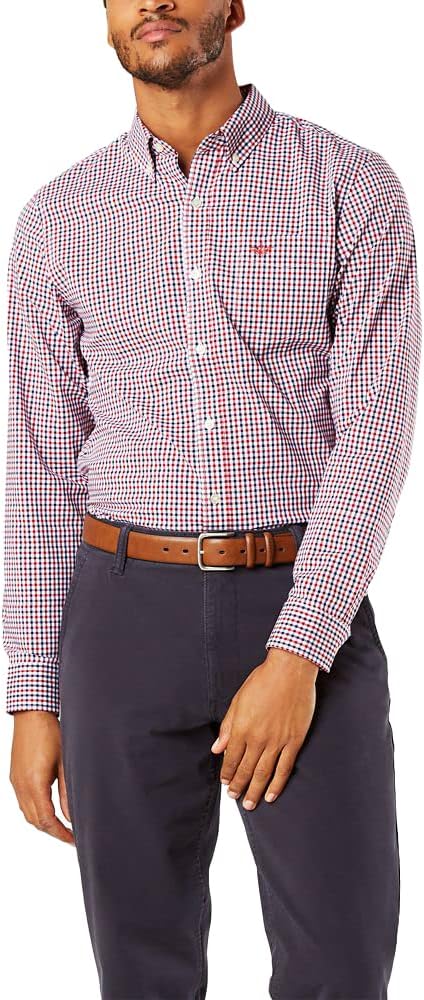 Dockers Men's Supreme Rio Red Plaid Flex Long Sleeve Button Up Shirt
