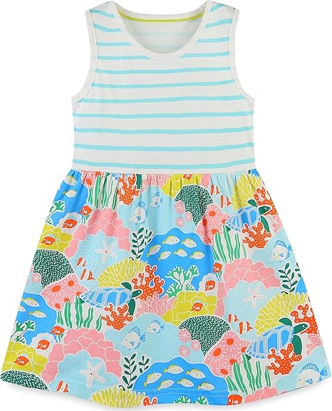 Cotton Short Sleeve Casual Girls Dresses(Blue Stripe)