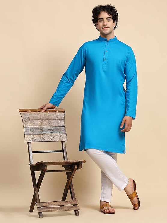 SKAVIJ Men's Pure Cotton Solid Turquoise Kurta - Image 4