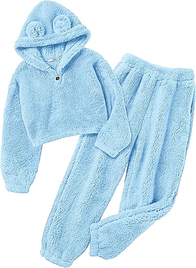 Girls 2 Piece Outfits Sweatsuit Fuzzy Long Sleeve Bear Ear Hoodie Sweatshirt and Sweatpant Kids Clothing Sets(Blue)