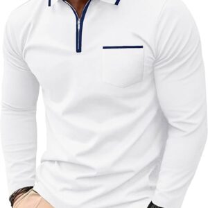 Askdeer Men's Polo Shirts Zip Long Sleeve White Classic T-Shirt