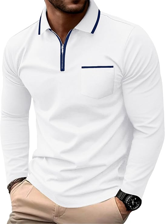 Askdeer Men's Polo Shirts Zip Long Sleeve White Classic T-Shirt