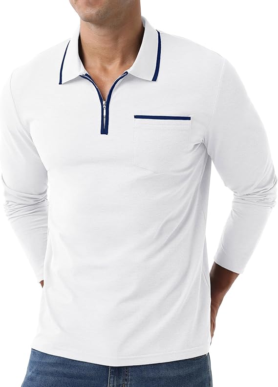Askdeer Men's Polo Shirts Zip Long Sleeve White Classic T-Shirt - Image 4