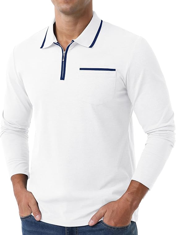 Askdeer Men's Polo Shirts Zip Long Sleeve White Classic T-Shirt - Image 3