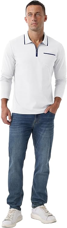 Askdeer Men's Polo Shirts Zip Long Sleeve White Classic T-Shirt - Image 2