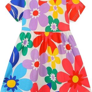 Bumeex Toddler Girls Summer Short Sleeve Dresses(White Flowers)