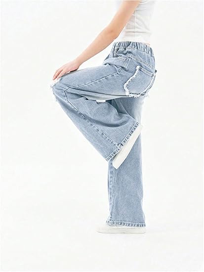 Girl's Elastic High Waisted Ripped Baggy Jeans Wide Leg Distressed Denim Pants (Pant 4) - Image 5