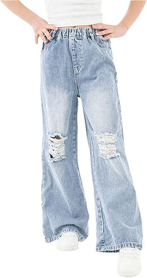Girl's Elastic High Waisted Ripped Baggy Jeans Wide Leg Distressed Denim Pants (Pant 4)