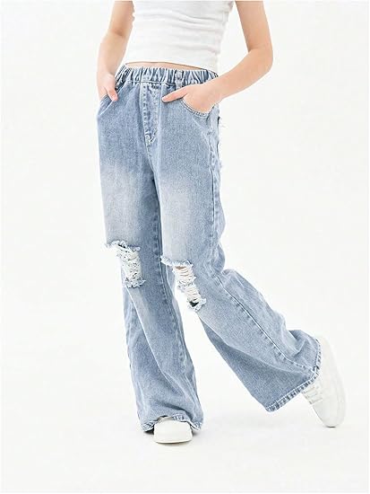 Girl's Elastic High Waisted Ripped Baggy Jeans Wide Leg Distressed Denim Pants (Pant 4) - Image 3