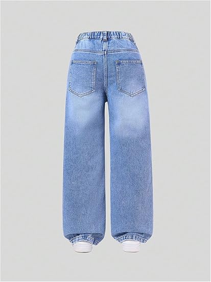 Girl's Elastic High Waisted Ripped Baggy Jeans Wide Leg Distressed Denim Pants (Pant 5) - Image 5