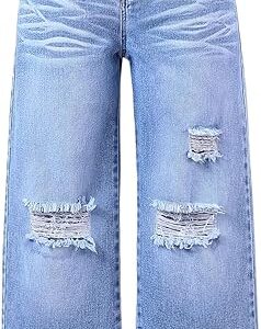 Girl's Elastic High Waisted Ripped Baggy Jeans Wide Leg Distressed Denim Pants (Pant 5)