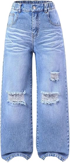 Girl's Elastic High Waisted Ripped Baggy Jeans Wide Leg Distressed Denim Pants (Pant 5)