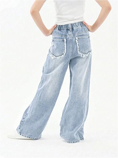 Girl's Elastic High Waisted Ripped Baggy Jeans Wide Leg Distressed Denim Pants (Pant 4) - Image 4