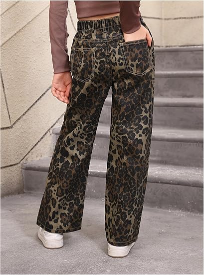 Girl's Elastic High Waisted Ripped Baggy Jeans Wide Leg Distressed Denim Pants - Image 5