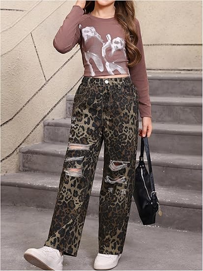 Girl's Elastic High Waisted Ripped Baggy Jeans Wide Leg Distressed Denim Pants - Image 3