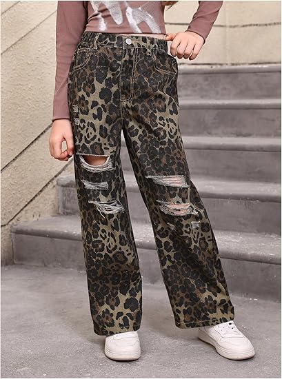 Girl's Elastic High Waisted Ripped Baggy Jeans Wide Leg Distressed Denim Pants - Image 4